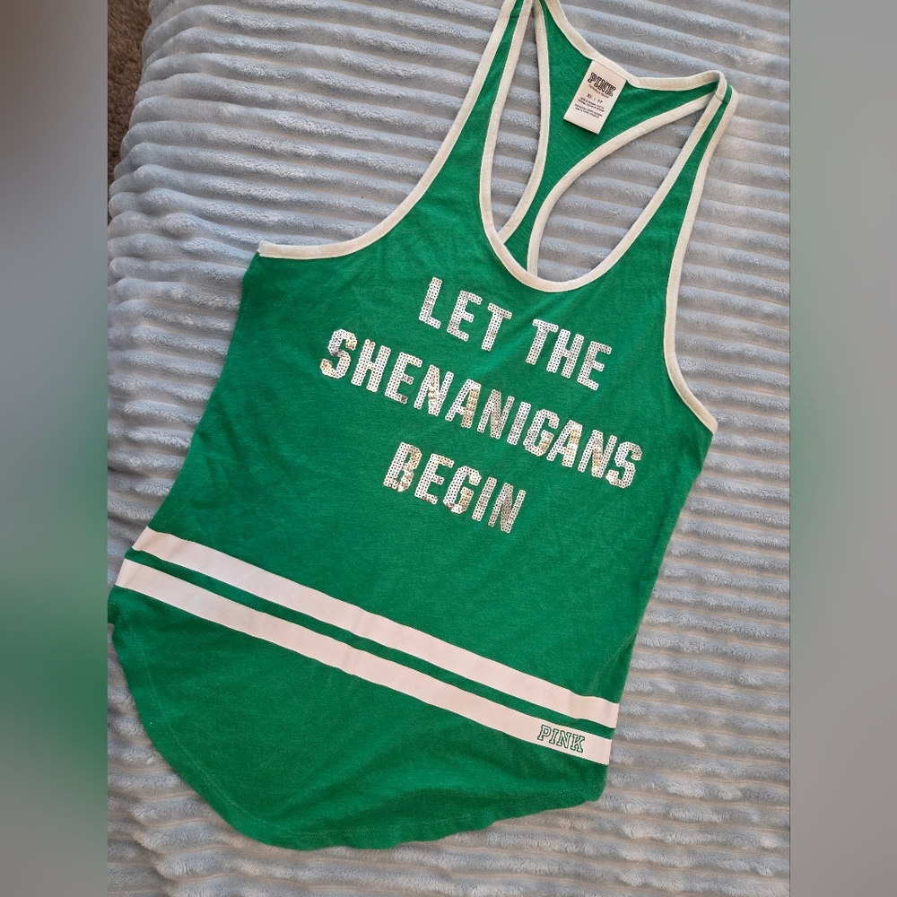 PINK Victoria's Secret Green and White St Patrick's Day Tank Top